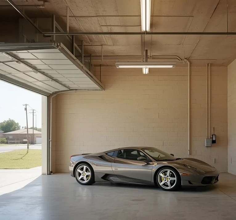 Silver-gray mid-engine sports car parked inside a heated concrete-block garage bay, with the roll-up door open to daylight and grass on the left and fluorescent strip lights overhead